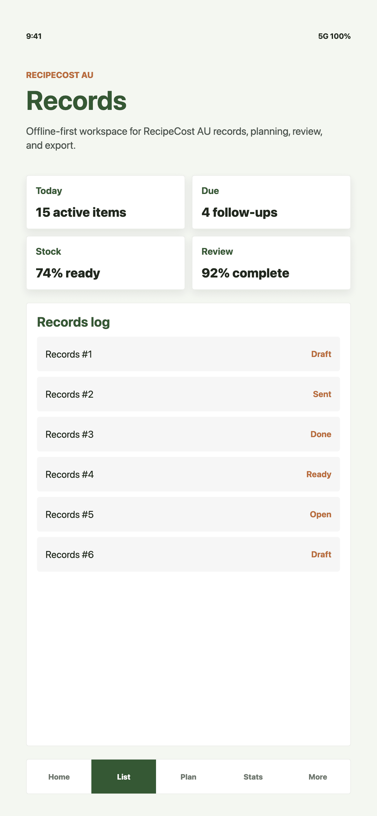 RecipeCost AU iPhone records screenshot