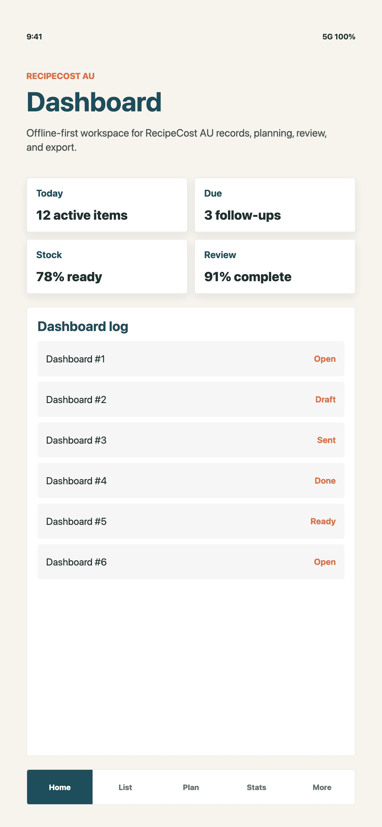 RecipeCost AU iPhone dashboard screenshot